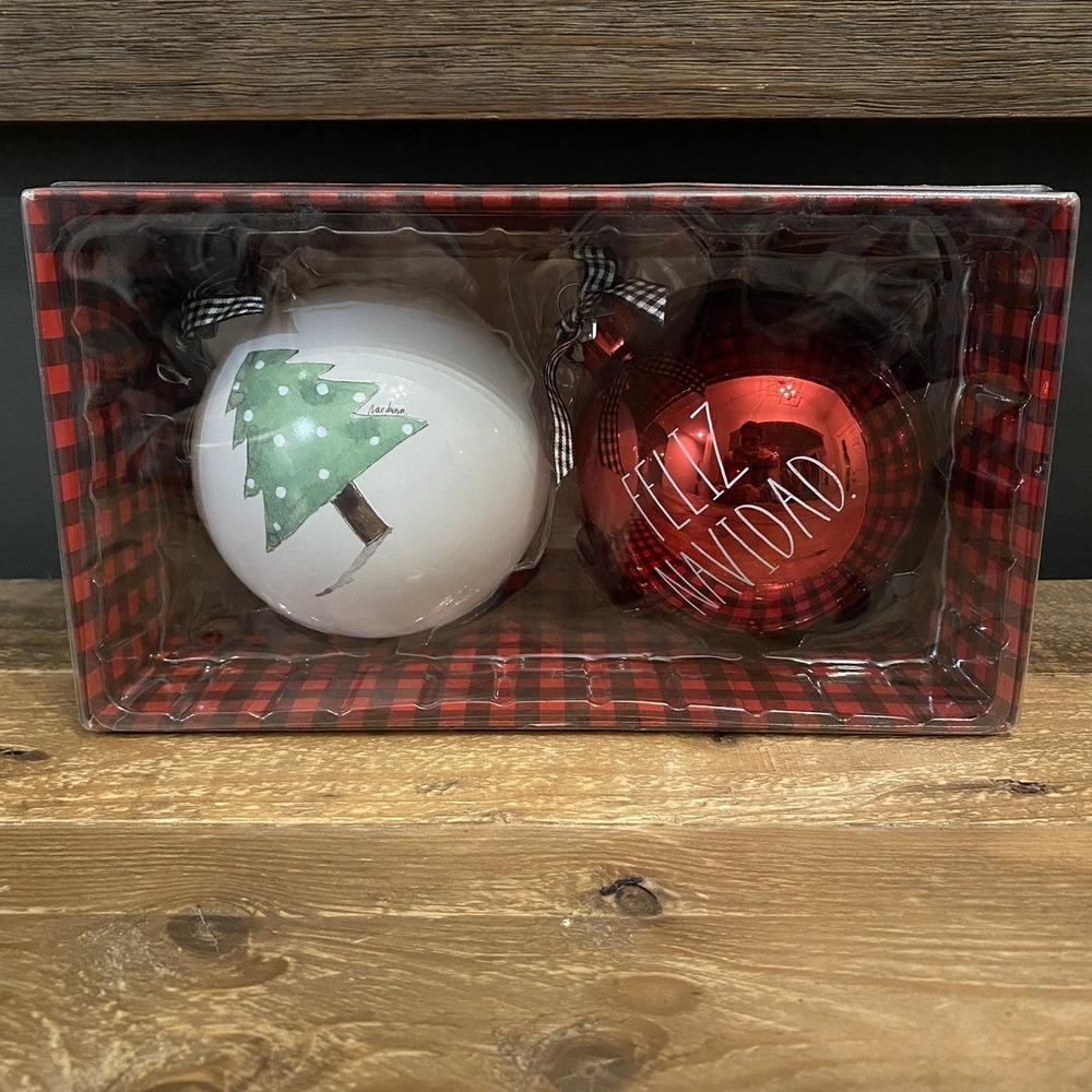 New Set of 2 RAE DUNN Red FELIZ NAVIDAD White Christmas Tree Glass Ornaments 4"